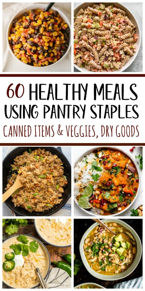 These 60 healthy recipes are made using pantry staples and with only a few ingredients. There are easy, budget-friendly recipes for main dishes with chicken, beef and pork, and recipes using canned salmon, canned tuna, and many meatless recipes for all of your canned vegetables and pantry goods like oats, quinoa, pasta, rice, beans and potatoes. #healthyrecipes #healthypantrystaples #pantrystaplerecipes #healthypantryrecipes #easypantrymeals Dishes With Chicken, Healthy Pantry Staples, Beans And Potatoes, Healthy Pantry, Quinoa Pasta, Canned Salmon, Healthy Budget, Rice Beans, Pasta Rice