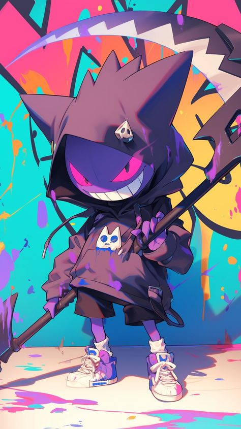 Graffiti cyberpunk reaper Gengar made by Silverbloom Gengar Fanart, Gengar Wallpapers, Pokémon Wallpapers, Wallpaper Pokemon, Gengar Pokemon, Pokémon Art, Pokemon Wallpaper, Cute Pokemon Wallpaper, Cool Wallpapers Art