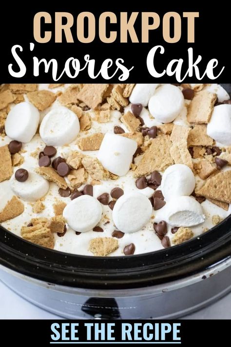 Crockpot desserts - easy dump and go crockpot desserts - crockpot s'mores cake recipe Crockpot Smores Cake, Slow Cooker Smores Cake, Smores Dessert Crockpot, Best Party Crockpot Recipes, Crock Pot Chocolate Chip Cookie Smores, Easy Crockpot Recipes Dessert, S’mores Crockpot, Chocolate Crockpot Desserts, Easy Dessert Crockpot Recipes