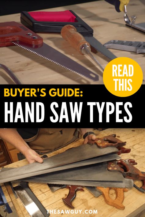 Putting together a DIY tool kit for your home? Check out our buyer's guide on the different hand saw types for an overview of the different types, the purpose of each, and some of our top picks. Click on.  #thesawguy #handsawtool #toolguide #toolreviews #handtools #DIYtools #toolkit #handsawtypes #cuttingtools Saw Tool, The Saw, Hand Type, Hand Saw, Buyers Guide, Woodworking Techniques, Tool Kit, Hand Tools, Different Types