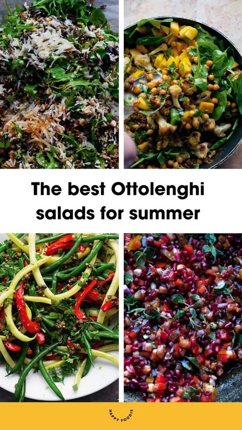 a collection of recipe images from Ottolenghi, including a fragrant rice salad, a mango and chickpea salad, and a pomegranate and tomato salad. Ottolenghi Salad, Homemade Jaffa Cakes, Salmon Wellington Recipe, August Food, Otto Lenghi, Salads For Summer, Salmon Wellington, Yotam Ottolenghi Recipes, Chef Salad Recipes