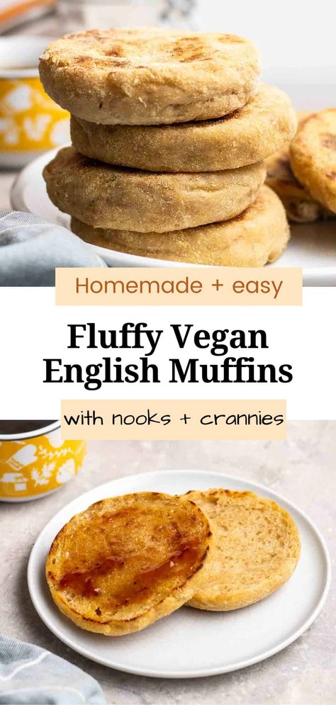 Soft, crusty, with all the nooks and crannies, these vegan English muffins will be a hit! This homemade recipe is easy to make and does not require kneading. They are freezable too, making them great for meal prep! Vegan English Muffin Recipe, Vegan English Muffins, English Muffin Recipes, Freezable Meals, Nooks And Crannies, How To Make Dough, Griddle Cooking, English Muffins, High Protein Breakfast