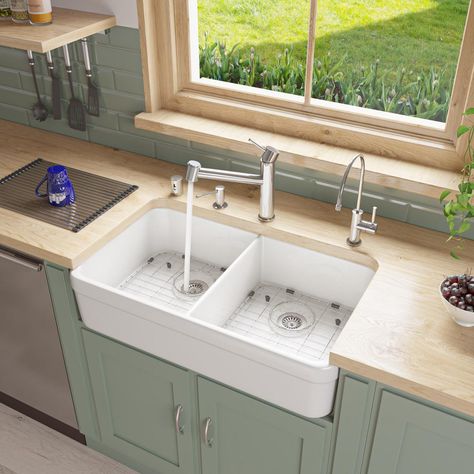 Double Basin Kitchen Sink, Fireclay Farmhouse Sink, White Kitchen Sink, Apron Sink Kitchen, Apron Sink, Sink Grid, Farmhouse Aprons, Fireclay Sink, Double Bowl Sink