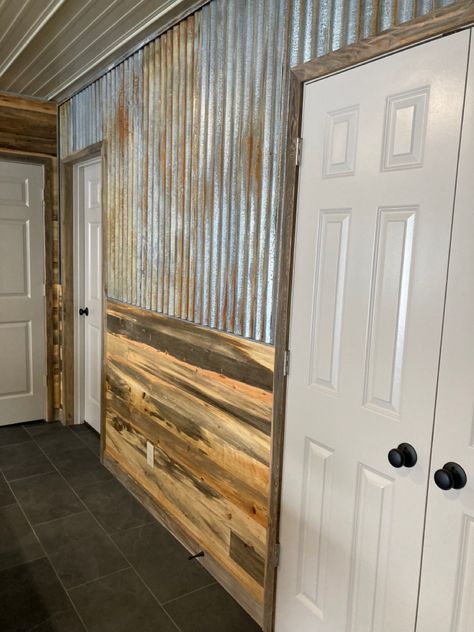 Rustic Wanescoting Ideas, Corrugated Metal Interior Walls, Metal Tin Wall Ideas, Tin Roof Bedroom, Corrugated Interior Walls, Corrugated Metal Ceiling Basement, Galvanized Accent Wall, Shiplap And Corrugated Metal Wall, Tin Accent Wall Living Room