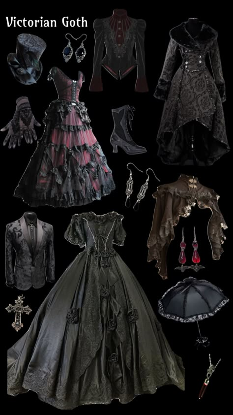 Gothic Historical Clothing, Formal Gothic Dresses, Victorian Gothic Fashion Women, Victorian Gothic Aesthetic Outfit, Old Gothic Fashion, Romantic Gothic Outfits, Dark Victorian Aesthetic Outfit, Goth Victorian Outfits, Goth Outfit Board