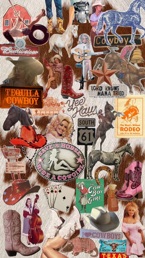 Western, cowboys, cowgirl aesthetic, country aesthetic, rodeo, wallpaper, lockscreen, collage, busy collage Cowboy Collage Wallpaper, Cowgirl Aesthetic Pictures, Country Aesthetic Wallpaper Collage, Country Collage Wallpapers, Cowboy Lockscreen, Rodeo Aesthetic Wallpaper, 70s Cowboy Aesthetic, Pink Western Wallpaper, Western Collage Wallpaper