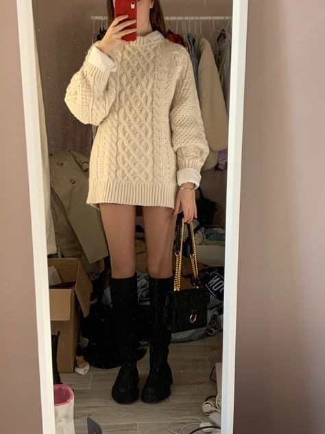 Outfit with a sweater dress and shirt // high knee boots #zara #sweater #sweaterdressoutfit Sweater Dress With Converse, Sweater Dress Aesthetic, Long Boots Outfit Winter Knee Highs, Oversized Sweater Dress Outfit, Green Sweater Dress Outfit, Sweater Over Dress Outfit, Skirt Boots Outfit, Long Boots Outfit, Jumper Dress Outfit