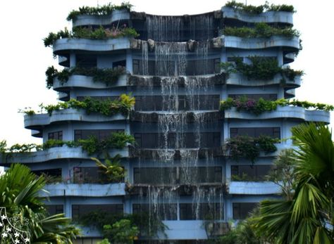 Waterfall on a building Waterfall Building Architecture, Kinetic Facade, Dream Community, Waterfall Building, Wall Facade, Solar Punk, Architectural Concepts, Air Design, Green Facade