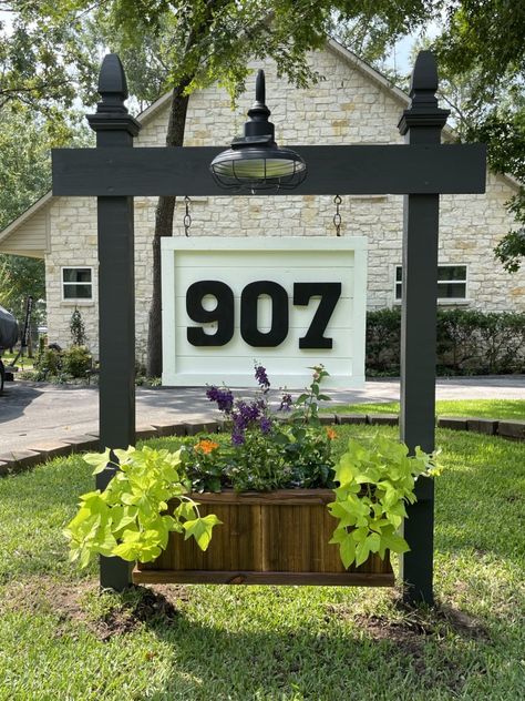 DIY Address Planter Sign | Home Address Yard Sign Planter Sign, Address Yard Sign, Address Sign Ideas, Address Planter, Address Signs For Yard, Driveway Entrance Landscaping, Entrance Landscaping, Driveway Entrance, Outside Projects