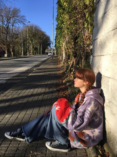 Redhead sitting on the floor Person Sitting Against Wall Reference, Person Sitting On Floor Reference, Person Sitting On Floor, Sitting On The Floor Pose, Sitting Pose Reference, Sitting On Floor, Picture References, Sitting Outside, Chair Pose