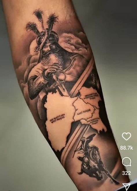 Punjab Related Tattoo, Khalistan Tattoo, Maharaja Ranjit Singh Tattoo, Punjab Theme Tattoo, Hari Singh Nalwa Tattoo Design, Punjabi Warrior Tattoo, Tattoo Ideas Punjabi, Sikhi Tattoo Design, Singh Tattoo Design