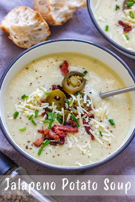 Looking for easy soup recipes? Why not make jalapeño potato soup? This is a quick recipe, perfect not only for a meal prep, but also for weeknights. #potatosoup #soups #souprecipes #jalapeno #spicy Jalapeno Potato, Jalapeño Soup, Spicy Soup Recipes, Sweet Potato Soup Recipes, Cheddar Potatoes, Creamy Jalapeno, Spicy Soup, Easy Soup, Potato Soup Recipe