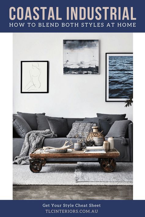 coastal industrial living room with grey slip cover sofa and industrial coffee table Coastal Living Rooms Sofas, Farmhouse Coastal Living Room, Slip Cover Sofa, Industrial Coastal, Coastal Living Room Furniture, Industrial Living Room, Coastal Industrial, Design Café, Coastal Interiors Design