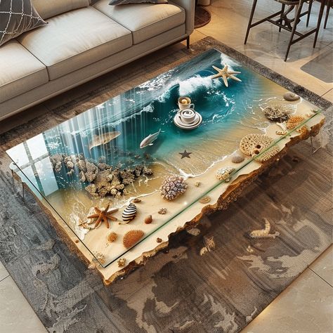 Shoreline Splendor: Beach-Inspired Coffee Tables For Your Home Epoxy Coffee Table Ideas, Ocean Theme Resin Art, Epoksi Table, Sea Interior Design, Shadow Box Table, Epoxy Countertops, Beach Interior Design, Home Inspo Cozy, Beach Inspired Decor