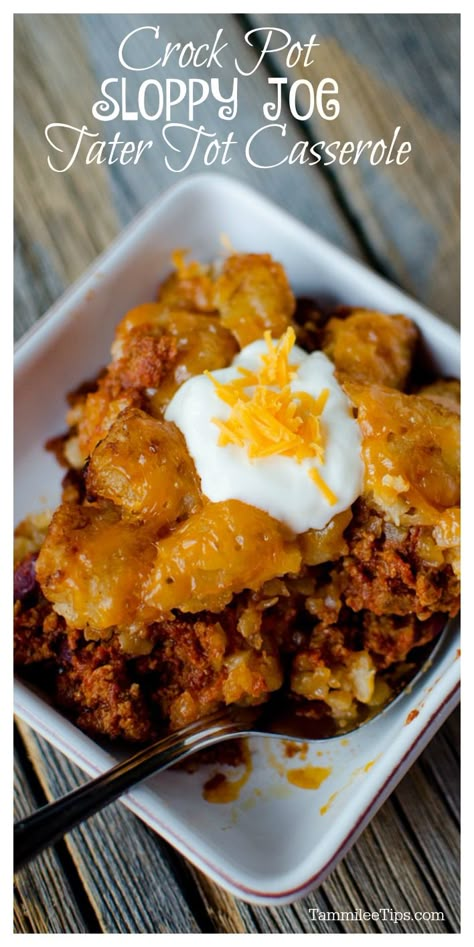 Slow Cooker Crock Pot Sloppy Joe Tater Tot Casserole Recipe with ground beef #recipe #crockpot #slowcooker #tatertot #casserole Beef Recipe Crockpot, Crock Pot Sloppy Joe, Sloppy Joe Tater Tot Casserole, Crock Pot Sloppy Joes, Slow Cooker Sloppy Joes, Tater Tot Casserole Recipe, Sloppy Joe Casserole, Recipe With Ground Beef, Tater Tot Recipes