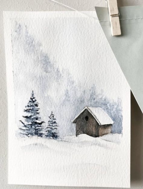 Winter Painting For Beginners, Winter Scenes Watercolor, Winter Water Coloring Ideas, Snow Landscape Watercolor, Winter Sketches Ideas, Winter Watercolor Paintings Landscapes, Snow Watercolor Paintings, Watercolor Paintings Winter, Barn Watercolor Painting