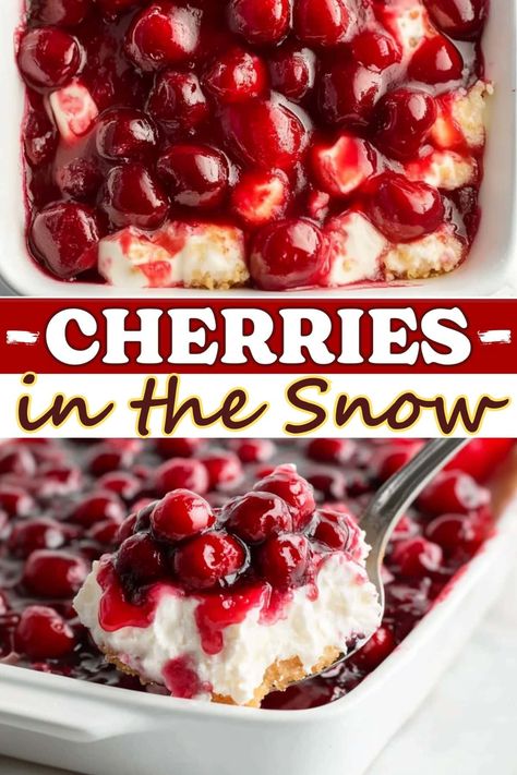 This recipe for cherries in the snow is heavenly! The combo of angel food cake, cream cheese, and cherries never fails to deliver. Cream Cheese And Cherry Dessert, Cherry In The Snow, Cherry And Apple Desserts, Berries In The Snow Dessert, Heavenly Hash Dessert, Easy Delicious Thanksgiving Desserts, Oregon Cherry Pie Recipe, Cherry Desserts Recipes, Cherries In The Snow Dessert