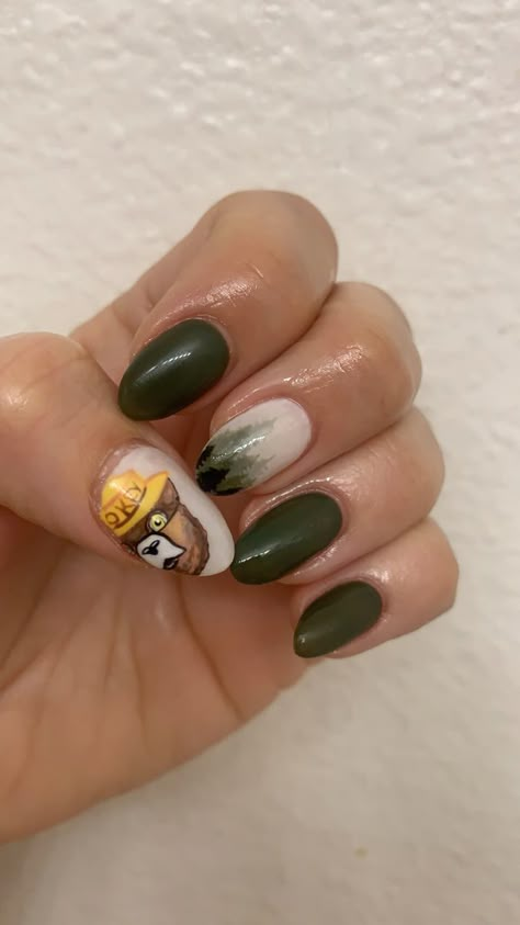 Camping Themed Nails, National Park Nails, Smores Nails, Firefighter Nails, Outdoorsy Nails, Outdoors Nails, Wildlife Nails, Camping Nails Designs, Moose Nails