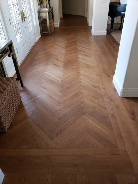 Herringbone Wood Flooring, Herringbone Wood Floor Living Room, Lvp Herringbone, Herringbone Entryway, Flooring Herringbone, Herringbone Hardwood Floors, Long Narrow Rooms, Herringbone Floors, Wood Floor Pattern