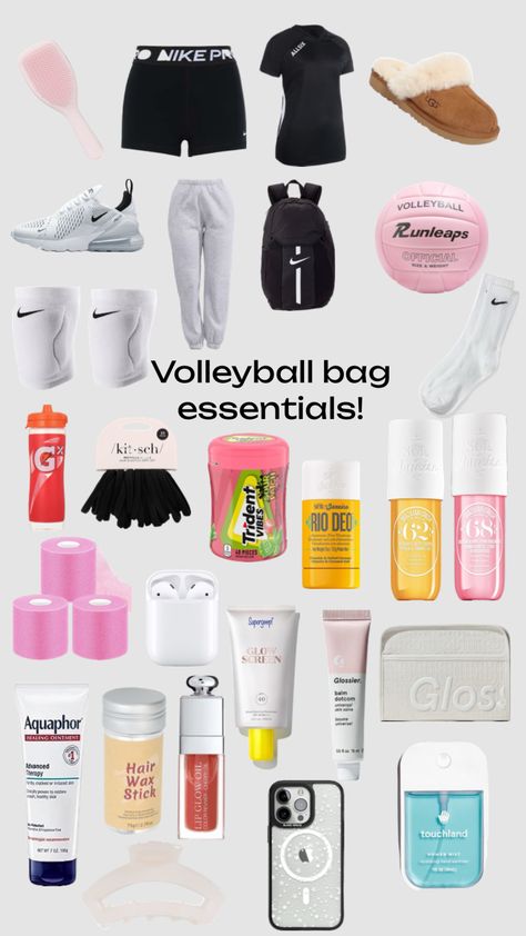 #volleyball bag Sports Bag Essentials Volleyball, Volleyball Makeup Bag, Stuff To Put In Your Volleyball Bag, What To Keep In Volleyball Bag, Volleyball Accessories Diy, Volleyball Duffle Bags, Volleyball Bag Must Haves, Volleyball Needs Products, What Do You Need For Volleyball