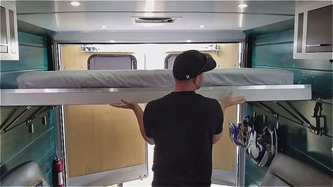 DIY Non Electric Ceiling Bed Lift for Tiny Homes and Cargo Trailer Conversions 002 Ceiling Bed, Enclosed Trailer Camper, Cargo Trailer Camper Conversion, Toy Hauler Camper, Travel Vans, Camper Beds, Van Bed, Cargo Trailer Conversion, Bed Lifts