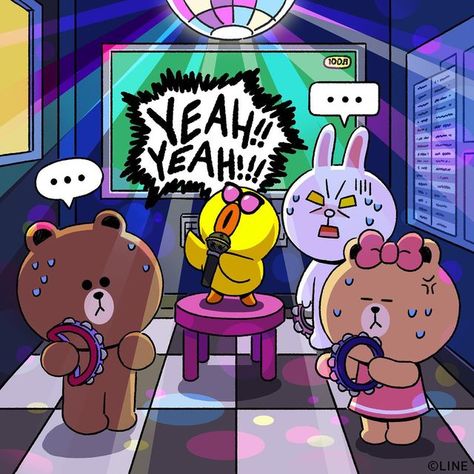 LINE FRIENDS_Official on Instagram: "LINE FRIENDS go to karaoke together! 🎤 🐻🐰🎀: SALLY,, enough is enough,, 🐤: ‘Enough’ isn’t in my vocabulary!!! Leave your favorite karaoke song in the comment!💕 #enough #karaoke #favoritesong #favsong #passthemic #BROWN #CONY #SALLY #CHOCO #LINEFRIENDS" Risograph Design, Brown And Cony, Hug Illustration, 25th Birthday Parties, Groovy Font, Karaoke Songs, Favorite Son, Cute Doodle Art, Mascot Design