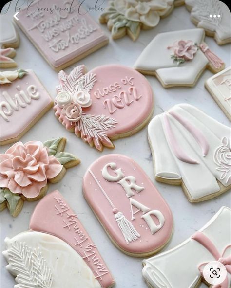 Graduation Birthday Cake Combo, Pink And Gold Graduation Cookies, Grad And Birthday Party, Girly Graduation Cookies, Esthetician Graduation Party, Wildflower Graduation Party Decor, Graduation Party Decor Pink, Pink College Graduation Party, Cute Graduation Ideas