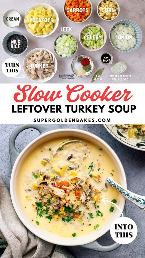 Put your turkey leftovers to good use with this easy Crockpot Turkey Soup recipe! This healthy and nourishing soup is packed with onion, celery, carrots, potatoes and wild rice and finished with a touch of cream. There’s no browning or precooking required – just let your slow cooker work its magic! Crockpot Turkey Stew Recipes, Instapot Leftover Turkey Recipes, Turkey Soup From Leftover Turkey, Thanksgiving Turkey Soup Crockpot, Thick Turkey Soup, Cream Of Turkey And Rice Soup, Soup Using Leftover Turkey, Leftover Thanksgiving Turkey Soup, Turkey Pot Pie Soup Crockpot