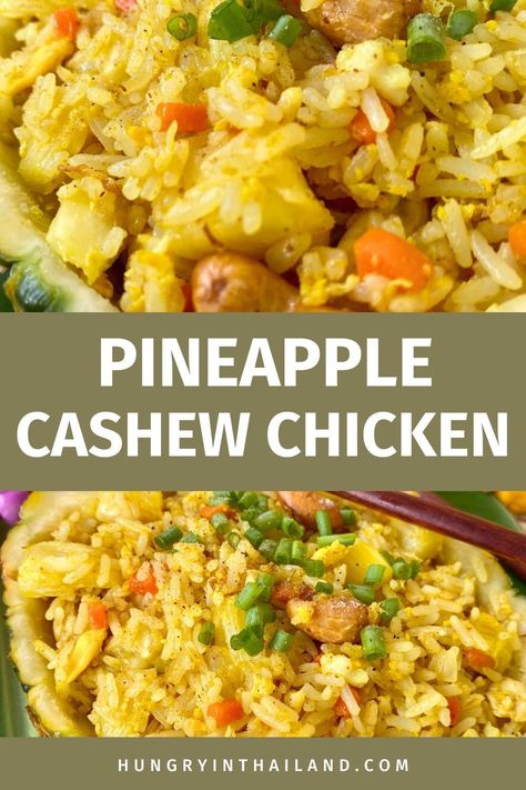 Try this easy pineapple cashew chicken fried rice for a healthy chicken dinner. It's full of delicious Thai flavors and simple to make for any home cook. Pineapple Cashew Chicken, Thai Pineapple Rice, Pineapple Curry Fried Rice, Pineapple Fried Rice Thai, Chicken Pineapple Fried Rice, Pineapple Chicken Fried Rice, Chicken Recipes Filipino, Thailand Recipes, Pineapple Chicken And Rice