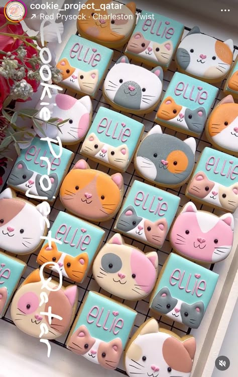 Cat Themed Desserts, Cat Cookies Decorated, Kitty Cookies, Cookie Decorating Icing, Cookie Recipes Decorating, Dog Cupcakes, Cookies Decoradas, Sugar Cookie Royal Icing, Cookie Videos