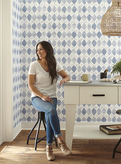 Featuring the quaint character of batik fabric or stamped paper, Magnolia Home Woodblock Print Wallpaper adds an element of craftsmanship to the classic ogee stripe. Available at Hirshfield's. Joanna Gaines Wallpaper, Joanna Gaines Kitchen, Magnolia Wallpaper, Joanna Gaines Style, Block Print Wallpaper, Stripped Wallpaper, York Wallpaper, Wood Block Printing, York Wallcoverings