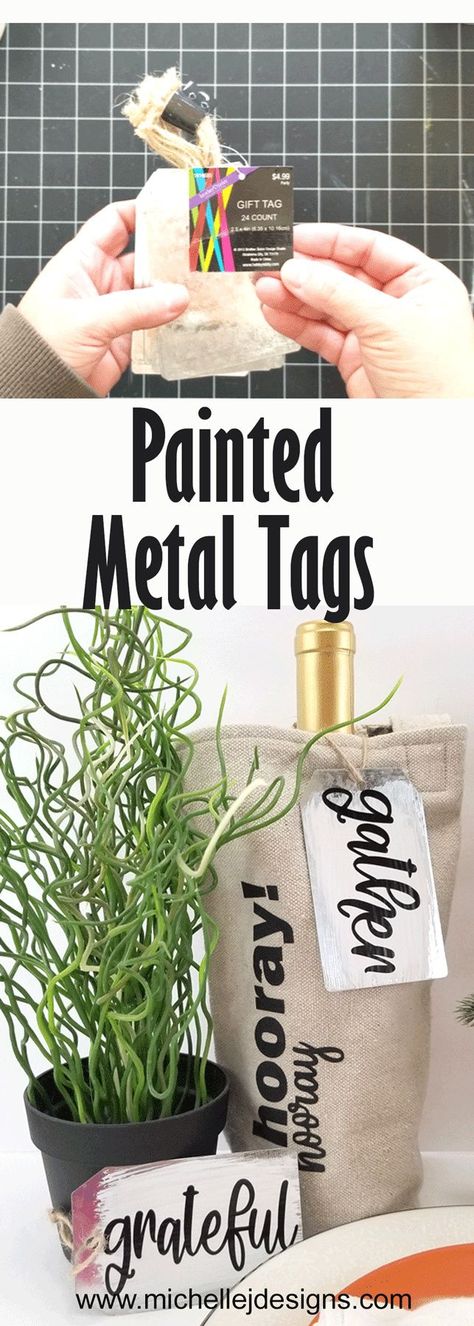 Rustic Painted Metal Tags | Michelle James Designs Diy Metal Ornaments, Dollar Tree Metal Tags Diy, Metal Tags Diy, Metal Gift Tag Ideas, Chalk Couture Door Tag Ideas, Metal Gift Tags, Metal Stamped Christmas Ornaments, Metal Name Tags, Metal Tag