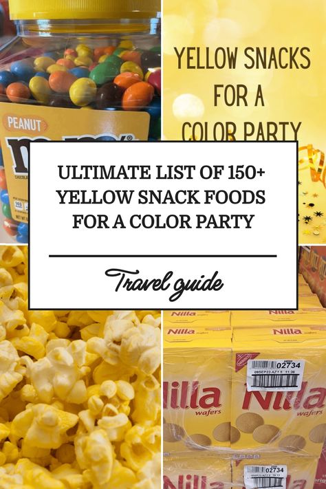 "Spice up your Color Party with our Ultimate List of 150+ Yellow Snack Foods! Discover a variety of tangy, sweet, and savory treats that add a burst of sunshine to any occasion. Perfect for TikTok trends and creating vibrant Color Baskets. Elevate your snacking game today! #ColorPartyIdeas #YellowSnacks #TikTokTrends" Color Theme Party Snacks Yellow, Gold Snacks For Color Party, Yellow Party Food Snacks, Color Party Yellow Ideas, Color Party Yellow Snacks, Yellow Party Snacks, Yellow Color Party Food Ideas, Color Party Tiktok, Yellow Snack Board