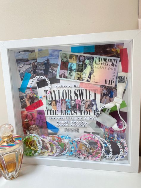 Concert Frame Ideas, Eras Tour Picture Frame, Taylor Swift Picture Frame, Taylor Swift Shadow Box Ideas, Taylor Swift Frame, Eras Tour Memory Box Ideas, Eras Tour Memory Frame, Eras Tour Shadow Box Ideas, Taylor Swift Room Ideas