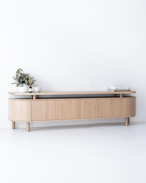 The first Basque Credenza with smooth doors we’ve managed to capture before heading out. This one in American Oak Natural Finish 2300mmL /… | Instagram Japandi Credenza, Credenza Simple, Hallway Buffet, Plywood Media Console, Media Console Oak, Oak Credenza, Backdrop Tv, Japandi Home, Tv Room Design