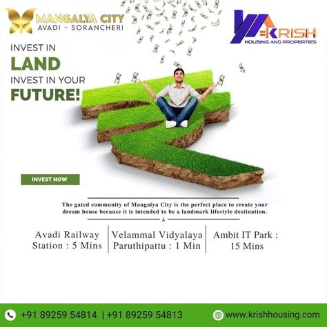 Build your dream future at Mangalya City in Avadi! 🌟 Ready-to-build plots with boundary walls, street lights🌟, and an entrance arch 🏰 for added security🔒! Invest in land, invest in your future! Land is a valuable asset that appreciates over time📈. Prime location in Avadi-Sorancheri📍 with excellent connectivity: - Just 5 minutes from Avadi Railway Station🚉 - 1 minute from Paruthipattu🏡 - 15 minutes from Ambit IT Park💼 📞 Book Now: 89259 54814 / 89259 54813 🌐 Visit: krishhousing.com Investing In Land, Entrance Arch, Dream Future, Boundary Walls, Street Lights, Railway Station, Gated Community, 15 Minutes, Your Dream