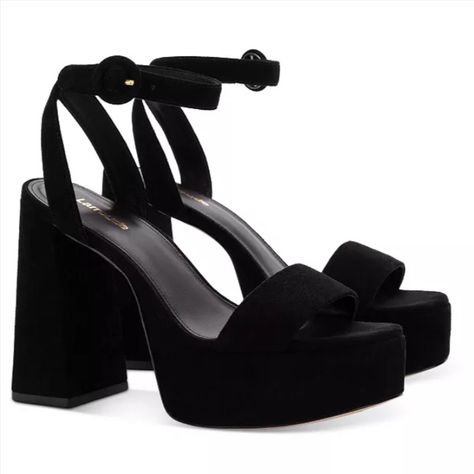 Fits true to size, order your normal size Open toe Buckled ankle strap 3" self-covered heel, 1" platform, feels like a 2" heel Leather upper, lining, and sole Dr Shoes, Comfortable Sandals, Shoe Store, Cute Shoes, Chunky Heels, Shoe Brands, Platform Sandals, Black Suede, Suede Leather