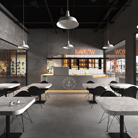 Black Cafe Interior, Microtopping Floor, Industrial Coffee Shop Design, Industrial Coffee Shop, Coffee Shop Interior, Industrial Cafe, Small Coffee Shop, Coffee Shop Interior Design, White Cafe