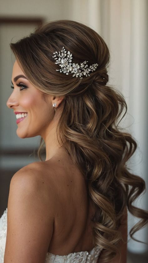 Side Bangs Wedding Hair, Bridal Hair Swept To One Side, Half Up Half Down Wedding Hair Strapless Dress, Part Up Part Down Wedding Hair, Wedding Hairstyles Brunette Long, Trendy Bridesmaid Hair, Bridal Hairstyles Half Up Half Down, Side Swept Wedding Hair, Wedding Hairstyles For Strapless Dress