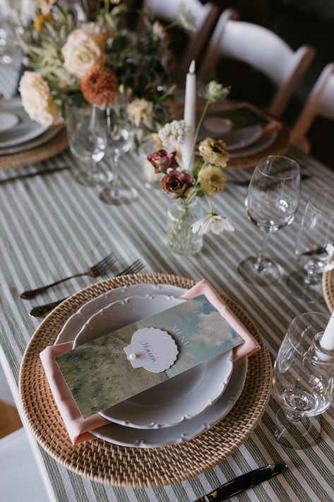 Vintage yacht Club wedding table setting with hues of blue green, yellow, orange, and peach. Illustrated menus and a die cut scallop shell place card.   Featured Linen Anson Aloe by Stradley Davidson Vintage Coastal Wedding, Vintage Yacht Club, Stradley Davidson, Vintage Yacht, Wedding Table Setting, Peaks Island, Yacht Club Wedding, Vintage Coastal, Scallop Shell