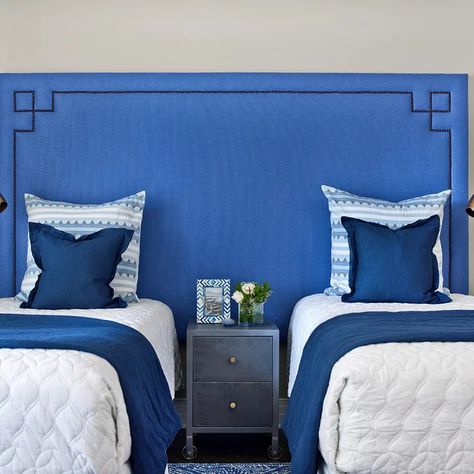 Upholstered Headboard Bedroom Ideas, Transitional Guest Bedroom, Boy Headboard, Wall Mount Headboard, Bed Headboard Ideas, Blue Upholstered Headboard, Twin Bed Headboard, Floor Bedroom Ideas, Bed Without Headboard