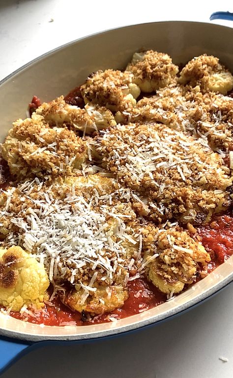 Cauliflower Parmesan Recipe (no frying) - The Delicious Life Veal Parmesan, Roasted Cauliflower Steaks, Parmesan Recipes, Cauliflower Steaks, Whole Foods Market, Crushed Tomatoes, Fresh Mozzarella, Chicken Parmesan, Food Words