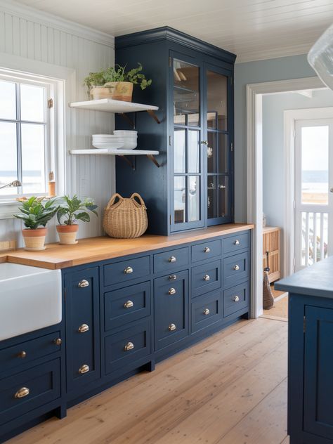 27 Navy Blue Kitchen Cabinets – Your Motor Geek Navy Cabinets Butcher Block Counter, Blue Cabinets Butcher Block Counter, Blue Cabinets With Butcher Block, Kitchen Butcher Block Counters, Navy Kitchen Cabinets, Navy Blue Kitchen Cabinets, Kitchen Butcher Block, Trendy Kitchen Design, Kitchen Concept