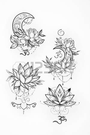 lotus flower tattoo designs: Sketch of a lotus and moon on a white background. Stock Photo Lotus Flower Tattoo Design, Ink Therapy, Lotus Tattoo Design, Polynesian Tattoos, Muster Tattoos, Geometric Tattoos, Scorpion Tattoo, Lotus Mandala, Mandala Tattoo Design