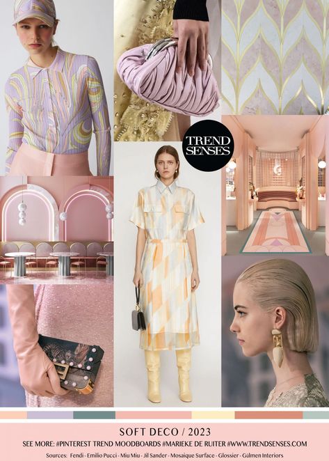 SOFT DECO // 2023 – Trendsenses - Trend - Mood - Marieke de Ruiter - Trendmoodboard - Moodboard - Sources: Fendi – Emilio Pucci – Miu Miu – Jil Sander – Mosaique Surface – Glossier – Gülmen Interiors Fashion Trend Forecast 2023, Summer 23 Trends, 2023 Trends Forecast, Interior Trends 2022/23, Trends For 2023, Ss23 Fashion Trends, Outfit Trends 2023, Trend 2023 Fashion, Ss23 Trends