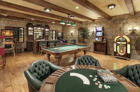 Cool Gentlemens Room, Man Cave Design, Ultimate Man Cave, Man Cave Room, Recreational Room, Poker Room, Pool Tables, Man Cave Home Bar, Man Room