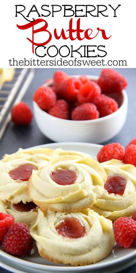 Raspberry Butter Cookies are sweet, simple, and perfect for gifting. Light, crisp butter cookies with a dollop of raspberry jam are great with a cup of tea! | The Bitter Side of Sweet Raspberry Butter, Cheesecake Strawberries, Simple Cookie, Baked Cheesecake, Homemade Snickers, Raspberry Cookies, Cookies Bars, Raspberry Recipes, Butter Cookies Recipe