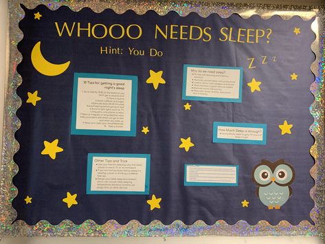 College bulletin board with facts about sleep and why it is important Napping Bulletin Board, College Bulletin Board, Health Bulletin Boards, College Bulletin Boards, School Nurse Office, Diy Father's Day Crafts, Ra Bulletins, Ra Boards, Ra Bulletin Boards