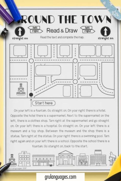 ESL Around The Town Read & Draw Activity Worksheet My Town Activities, Read And Draw Worksheets, Esl Kids, Primary School Art, Back To School Worksheets, Map Worksheets, Activity Worksheet, Kids Workshop, English Activities For Kids