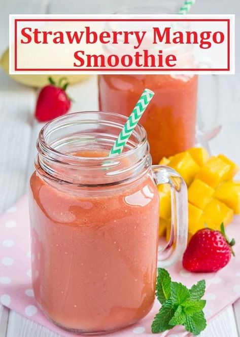 Strawberry Mango Smoothie with text overlay for social media. High Calorie Smoothies, Blueberry Muffin Smoothie, Pomegranate Smoothie, Strawberry Mango Smoothie, Healthy Breakfast Choices, Mango Smoothie Recipes, Almond Smoothie, Beet Smoothie, Nutribullet Recipes